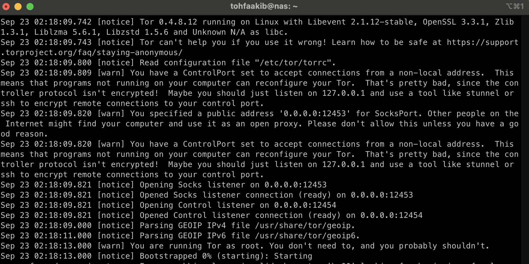 Terminal output showing successful Docker build and run process for Tor Proxy Server