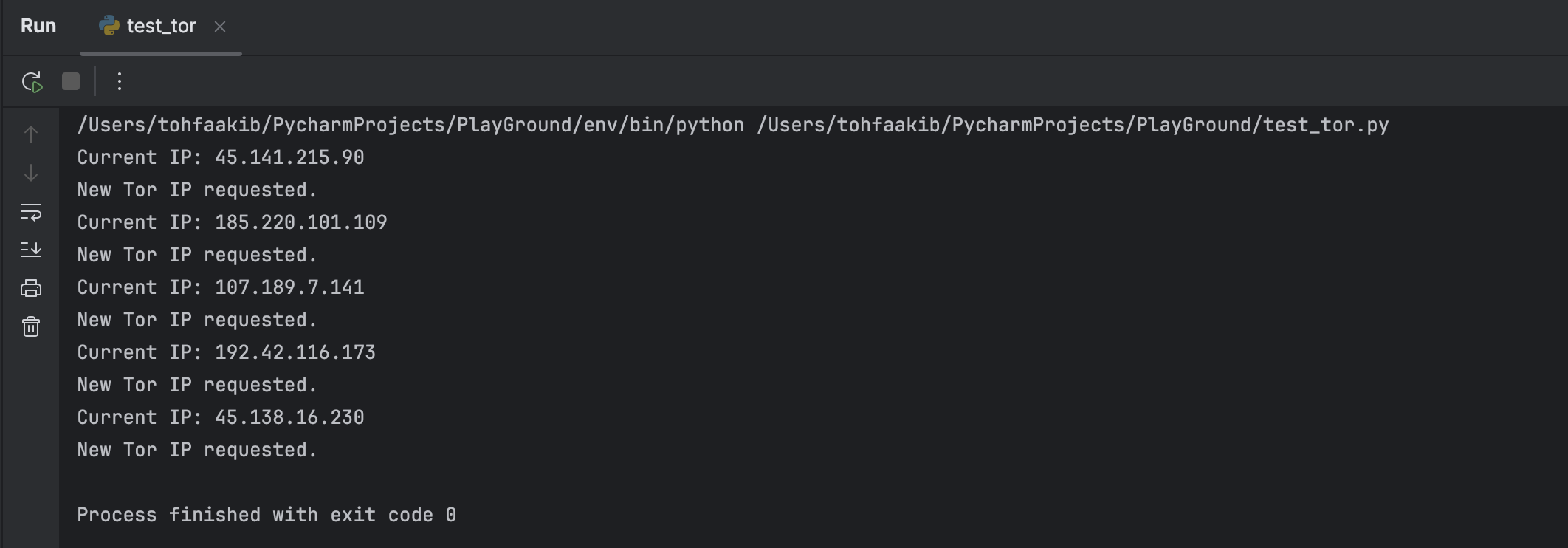 Python Code Output shows Proxy Rotation Using Tor Proxy Server