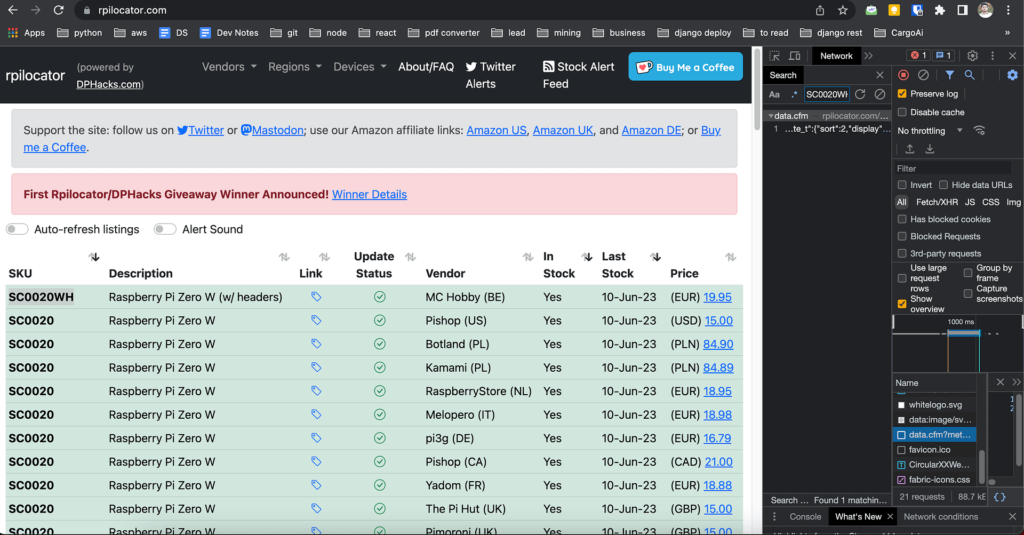 web scraping with browsers network tab